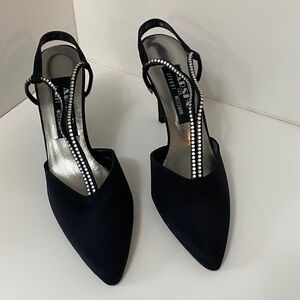 Stuart Weitzman Black Pointed Slingback Heels with Crystal T-Strap